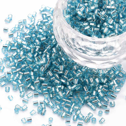 Sky Blue Glass Bugle Beads, Transparent, Silver Lined, 1.8~2.2x1.8~2mm, Hole: 0.8~0.9mm, 30gm
