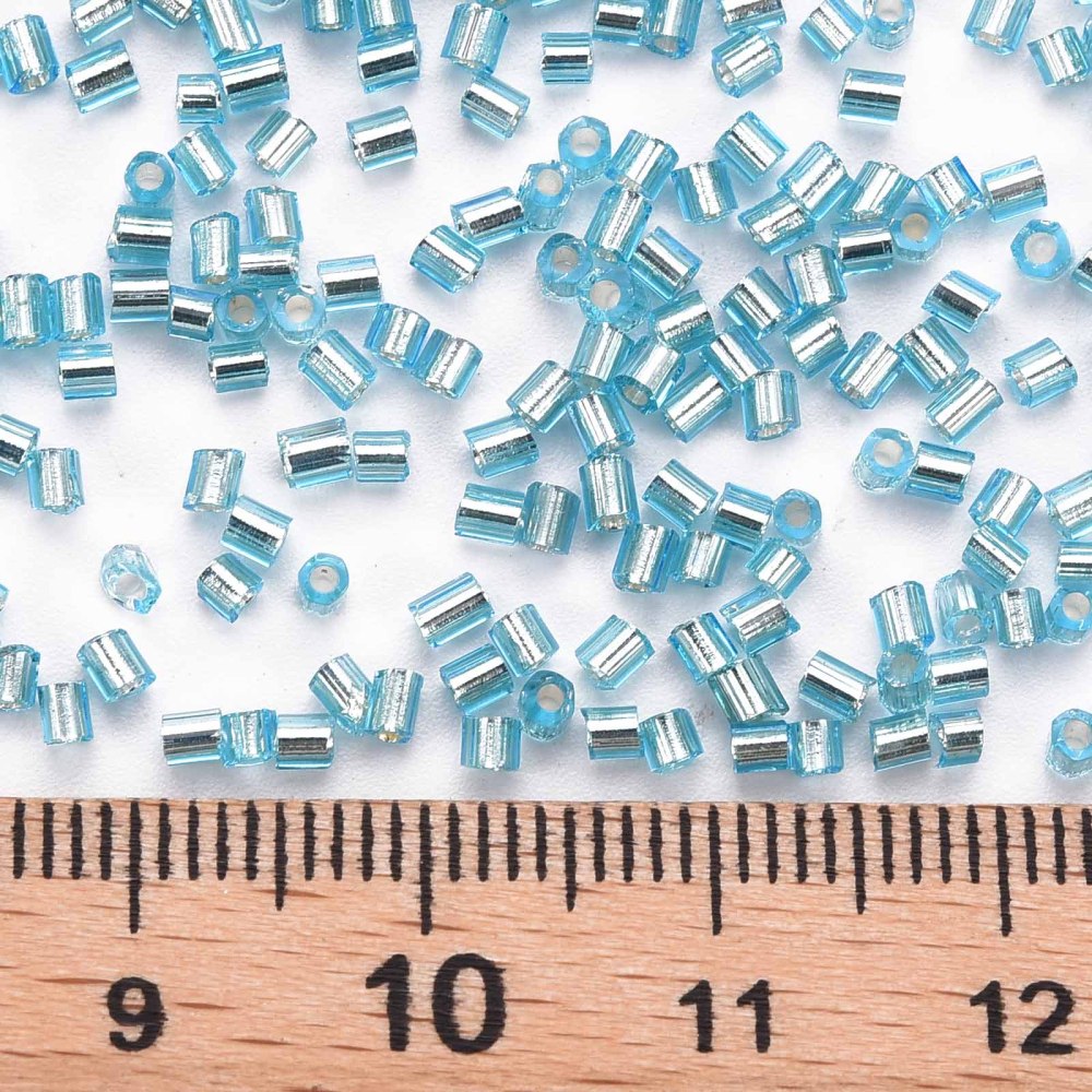 Sky Blue Glass Bugle Beads, Transparent, Silver Lined, 1.8~2.2x1.8~2mm, Hole: 0.8~0.9mm, 30gm