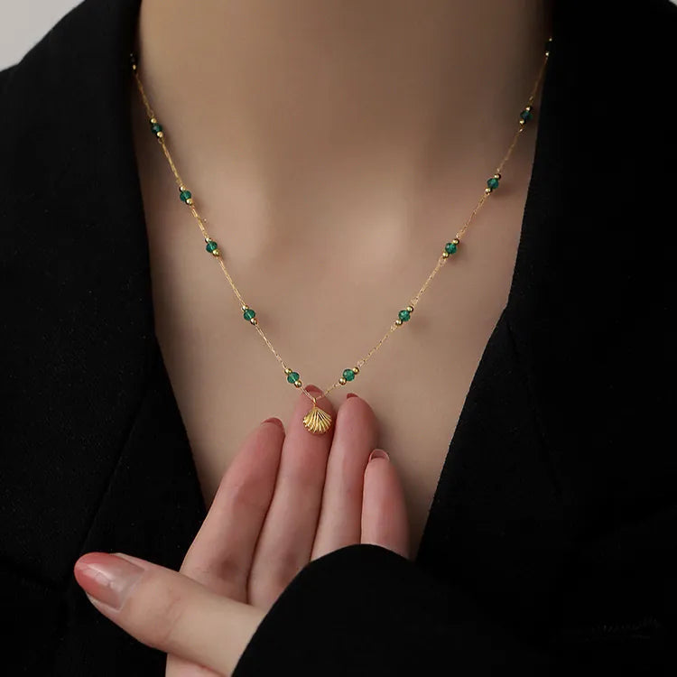 Ninky Designs Gold Shell Pendant and Satellite Chain Necklace with Green Crystals, 18k Gold Stainless Steel