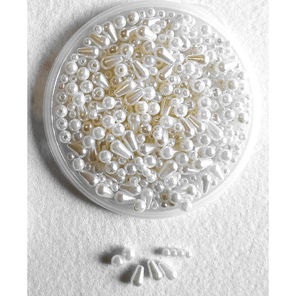 Plastic Beads Ivory Drops and Round Mix, Beading Bridal, 25gm Pack with 4mm, 6mm and 10mm beads, Jewellery Craft