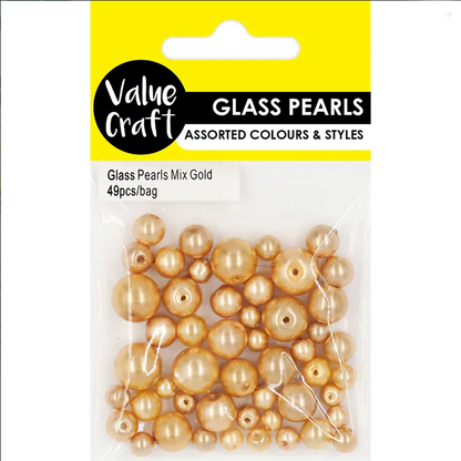 Glass Beads Pearl Gold Mix Round Pack of 49x size range 7mm, 10mm, 11mm & 13mm