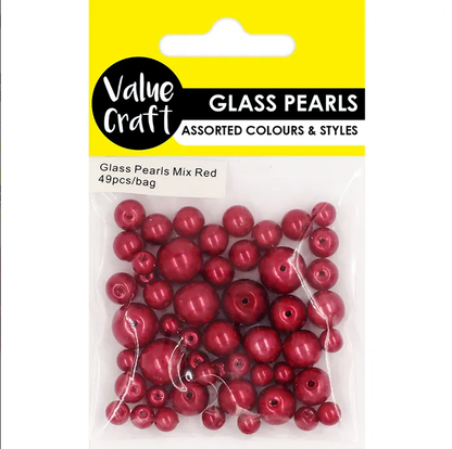 Glass Pearl Beads Red Mix Round Pack of 49x size range 7mm, 10mm, 11mm & 13mm
