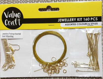 Jewellery Making Starter Set, with 160 pieces, Gold colour, Includes Findings, Hooks Eye,  Head Pins, Tiger Tail, Jump Rings and Crimps