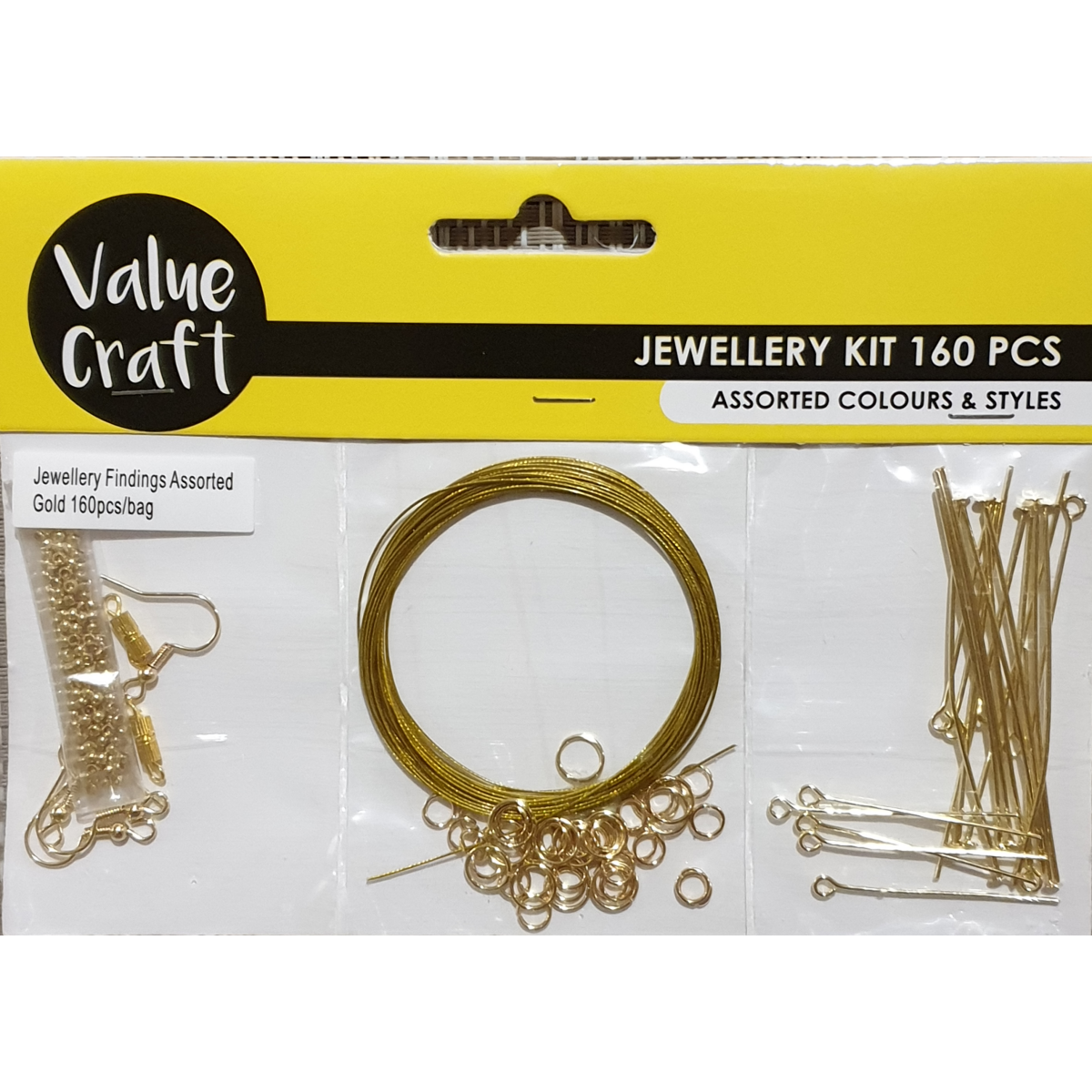 Jewellery Making Starter Set, with 160 pieces, Gold colour, Includes Findings, Hooks Eye,  Head Pins, Tiger Tail, Jump Rings and Crimps