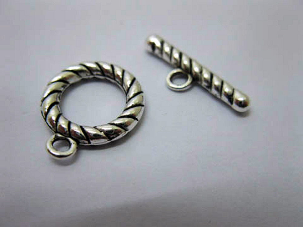 Toggle Clasps, Silver colour, Metal Twist, Ring Approx 15mm dia x 2.7mm thick, Bar 22mm long, pack of 10x sets