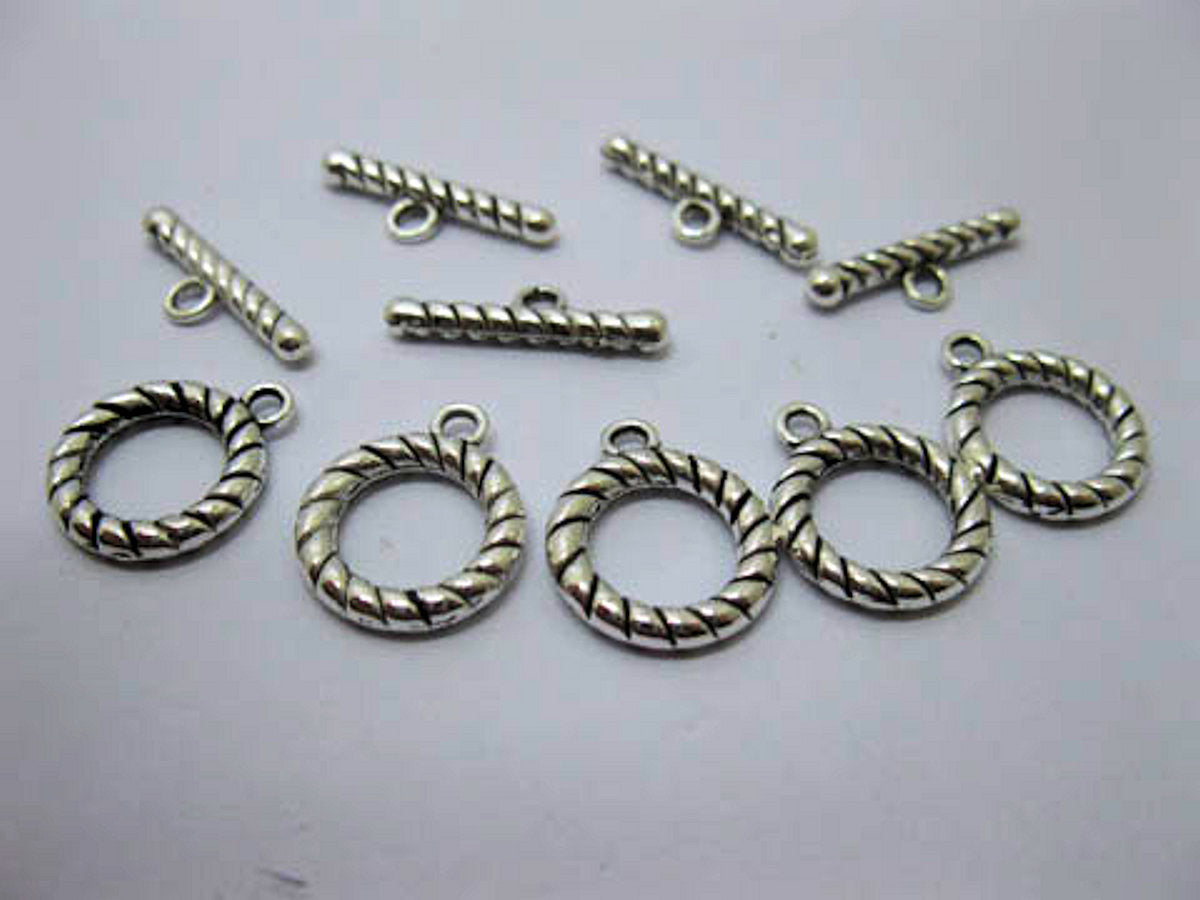 Toggle Clasps, Silver colour, Metal Twist, Ring Approx 15mm dia x 2.7mm thick, Bar 22mm long, pack of 10x sets