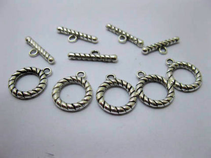 Toggle Clasps, Silver colour, Metal Twist, Ring Approx 15mm dia x 2.7mm thick, Bar 22mm long, pack of 10x sets