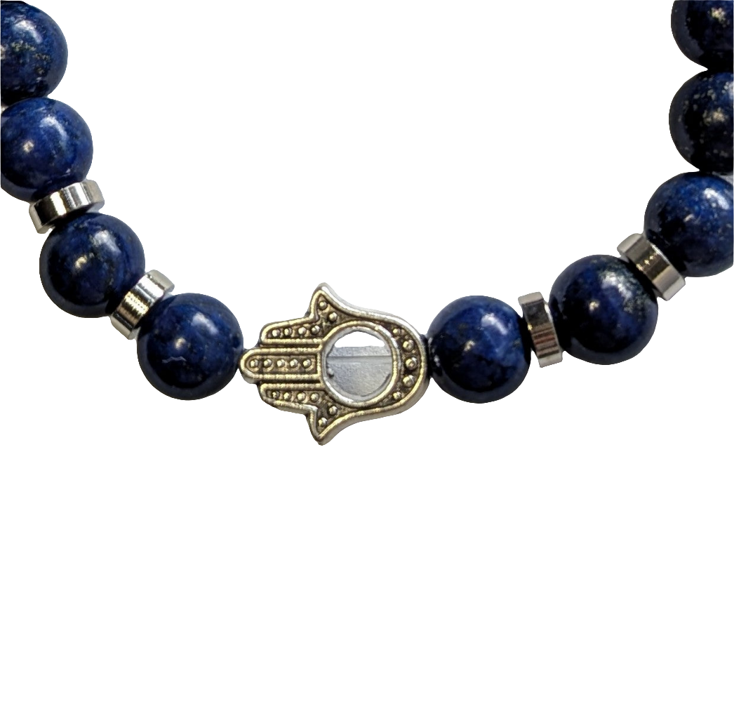 Natural Lapis Lazuli Stretch Bracelet with Hamsa Hand/Hand of Fatima/Hand of Miriam