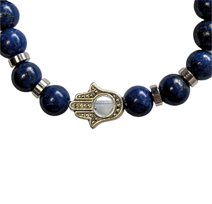 Natural Lapis Lazuli Stretch Bracelet with Hamsa Hand/Hand of Fatima/Hand of Miriam
