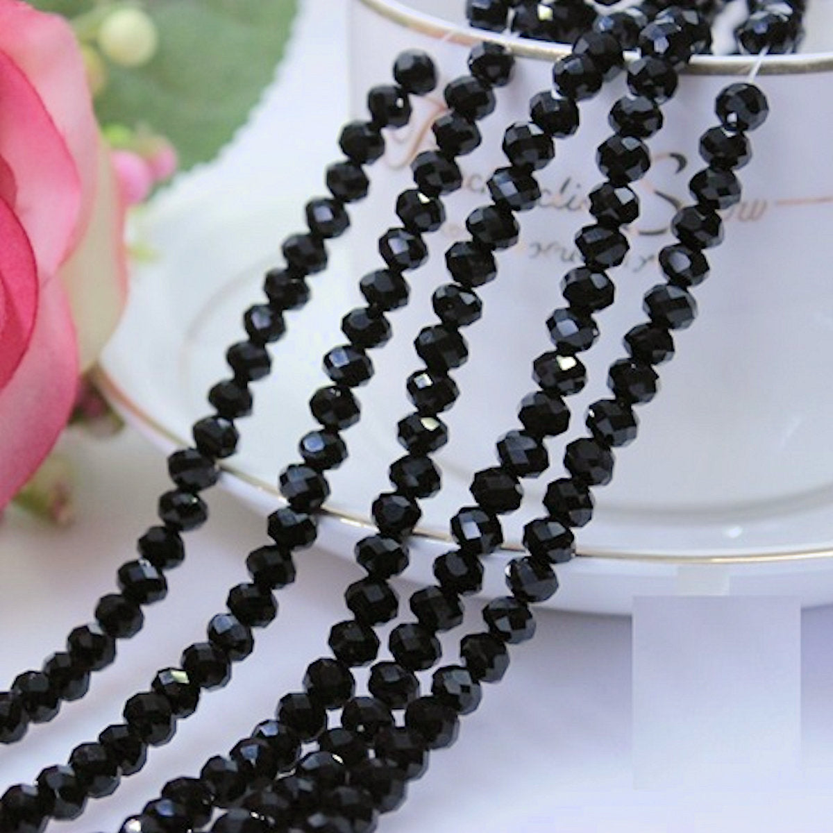 Crystal Beads Black, Rondelle, Faceted, 6mm,  1mm hole, Strand approx 100X Jewellery