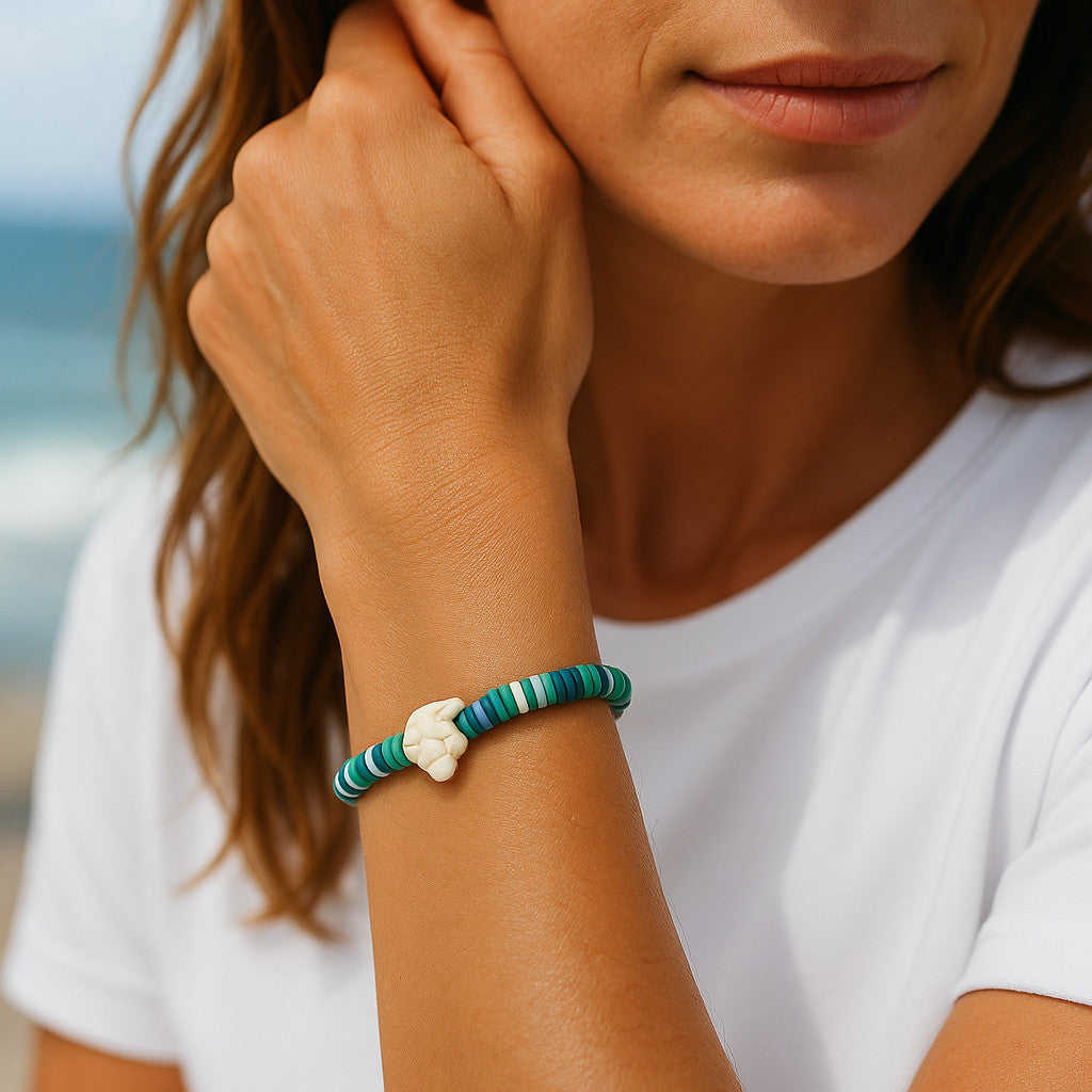 Heishi Surfer Stretch Stack Bracelets Polymer Clay beads with dolphin charm