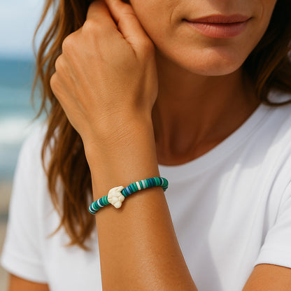 Heishi Surfer Stretch Stack Bracelets Polymer Clay beads with dolphin charm