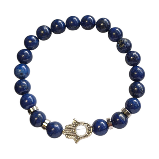 Natural Lapis Lazuli Stretch Bracelet with Hamsa Hand/Hand of Fatima/Hand of Miriam