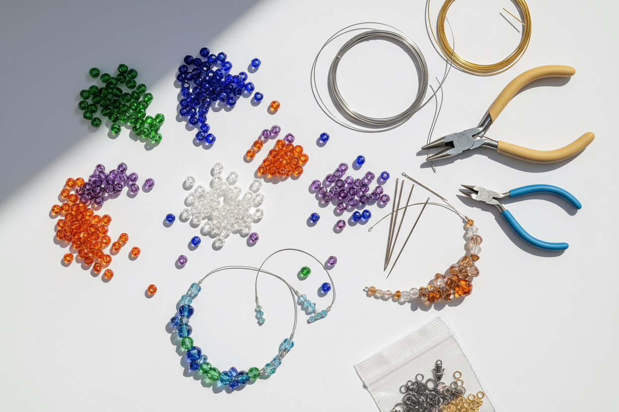 making jewellery showing beads, tools, wire