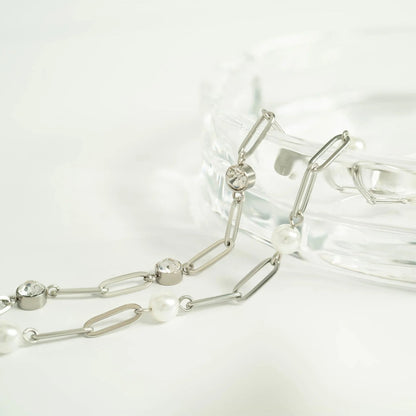 Ninky Designs Australia silver stainless steel paperclip chain necklace with pearl and crystal stations