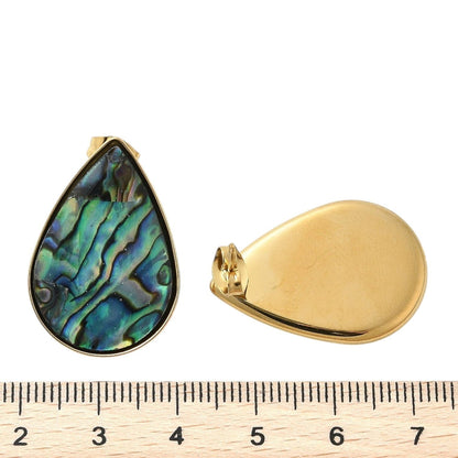 Ninky Designs Australia teardrop stud earrings featuring iridescent blue and green shell inlay in 18K gold plated steel