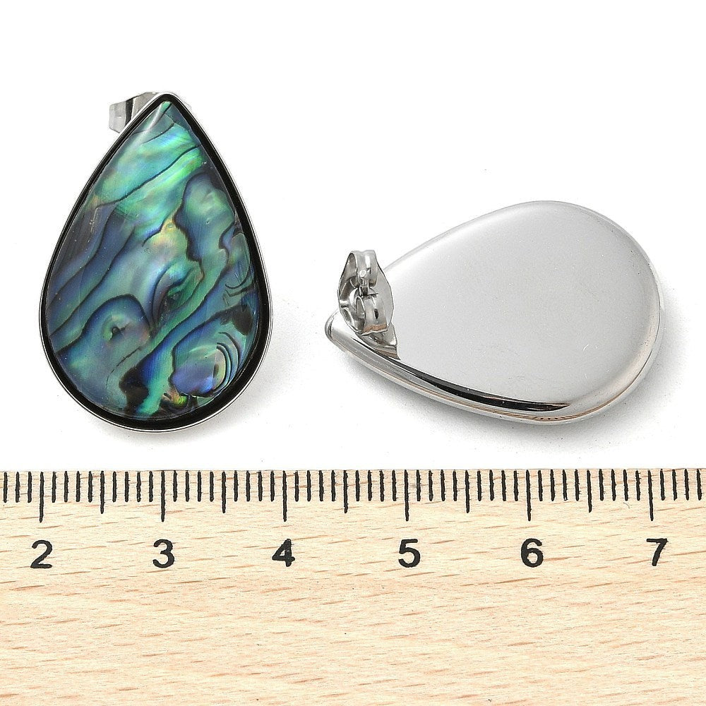 Ninky Designs Australia teardrop stud earrings with iridescent blue and green shell inlay in stainless steel