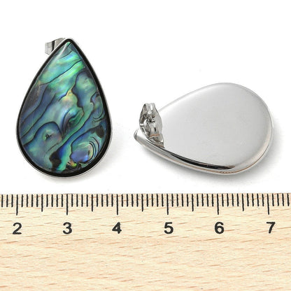 Ninky Designs Australia teardrop stud earrings with iridescent blue and green shell inlay in stainless steel