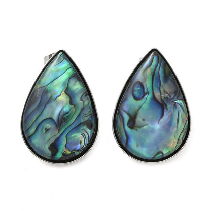 Ninky Designs Australia teardrop stud earrings featuring iridescent blue and green shell inlay in stainless steel.