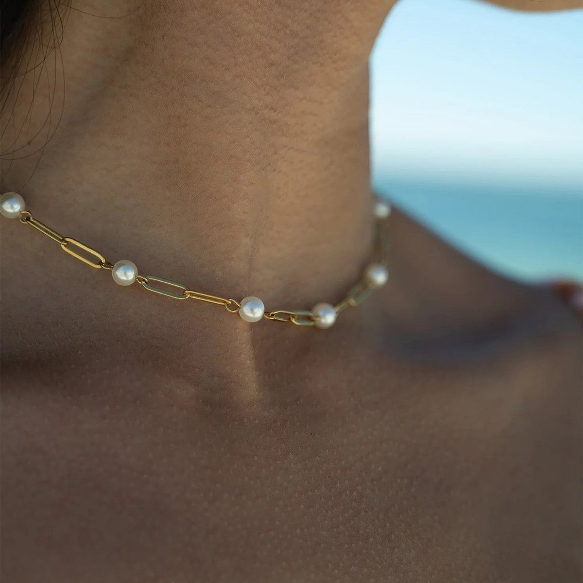 Ninky Designs Australia 18K gold plated stainless steel paperclip chain necklace with elegant pearl stations.