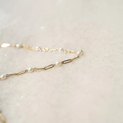 Ninky Designs Australia 18K gold plated stainless steel paperclip chain necklace with elegant pearl stations.