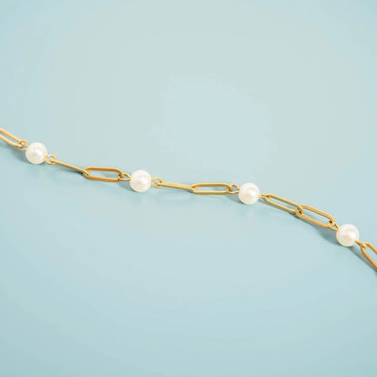 Ninky Designs Australia 18K gold plated stainless steel paperclip chain necklace with elegant pearl stations.