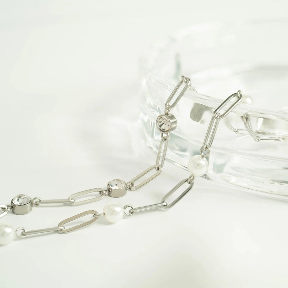 Ninky Designs Australia 18K gold plated stainless steel paperclip chain necklace with elegant pearl stations.