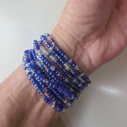 Blue Seed Bead Bracelets, Stretch, Multi Pack of 5 or 10, Blue glass beads, Ready to Wear Handmade Jewellery