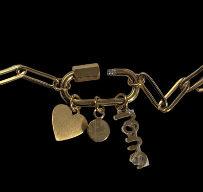 Carabiner Love Charm Bar Paperclip Necklace 18K Gold Plated Stainless Steel, 18"