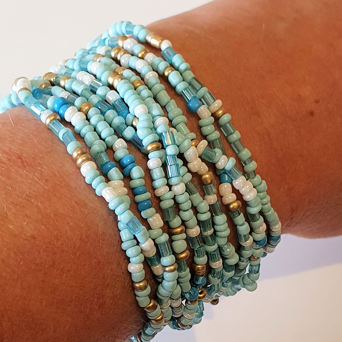 Blue Seed Bead Bracelets, Stretch, Multi Pack of 5 or 10, Blue and white, Ready to Wear Handmade Jewellery