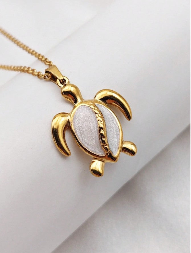 White turtle pendant necklace, 18K Gold Stainless Steel with shell insert